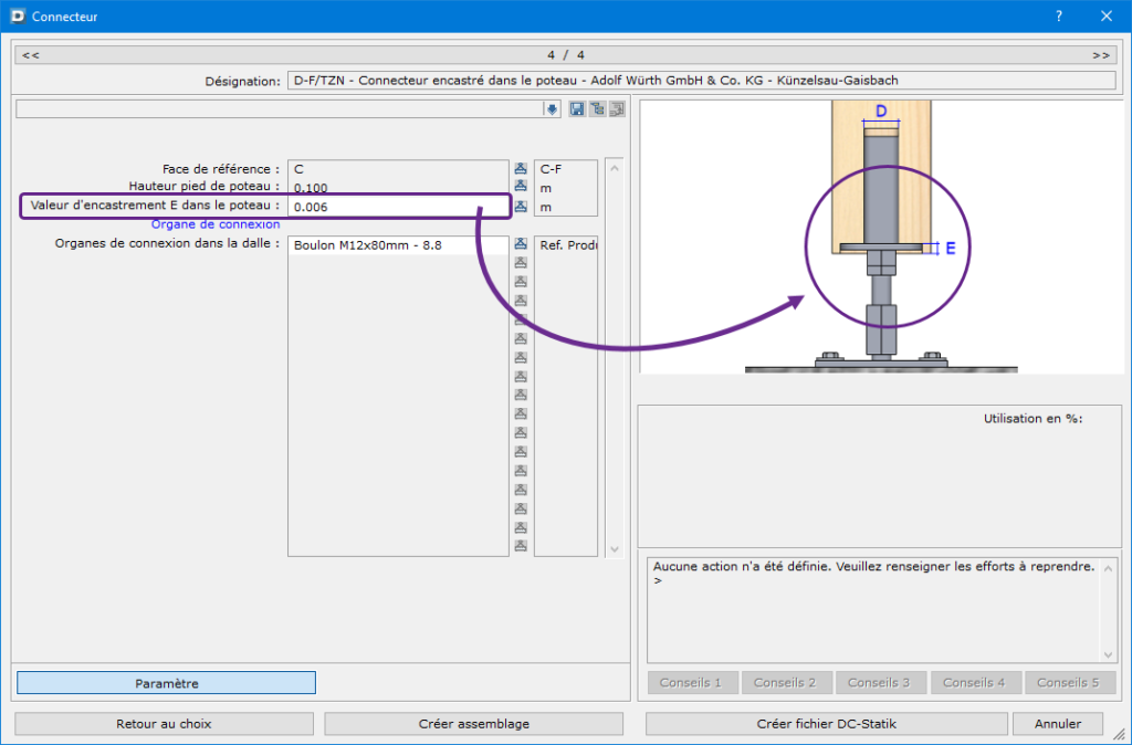 Valeur d'encastrement E dans le poteau